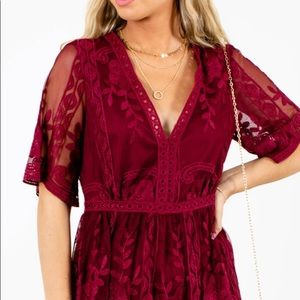 Bella Ella Light My Fire Wine Lace Mini Dress